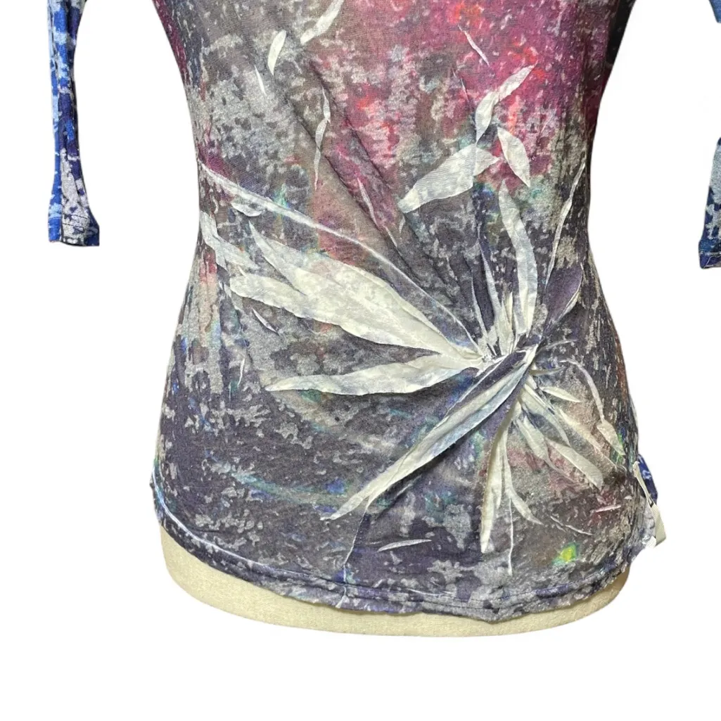 Adolfo Dominguez Womens Cyber Y2K Sheer Blue Abstract Print 3/4 Sleeve Top XS - Image 3
