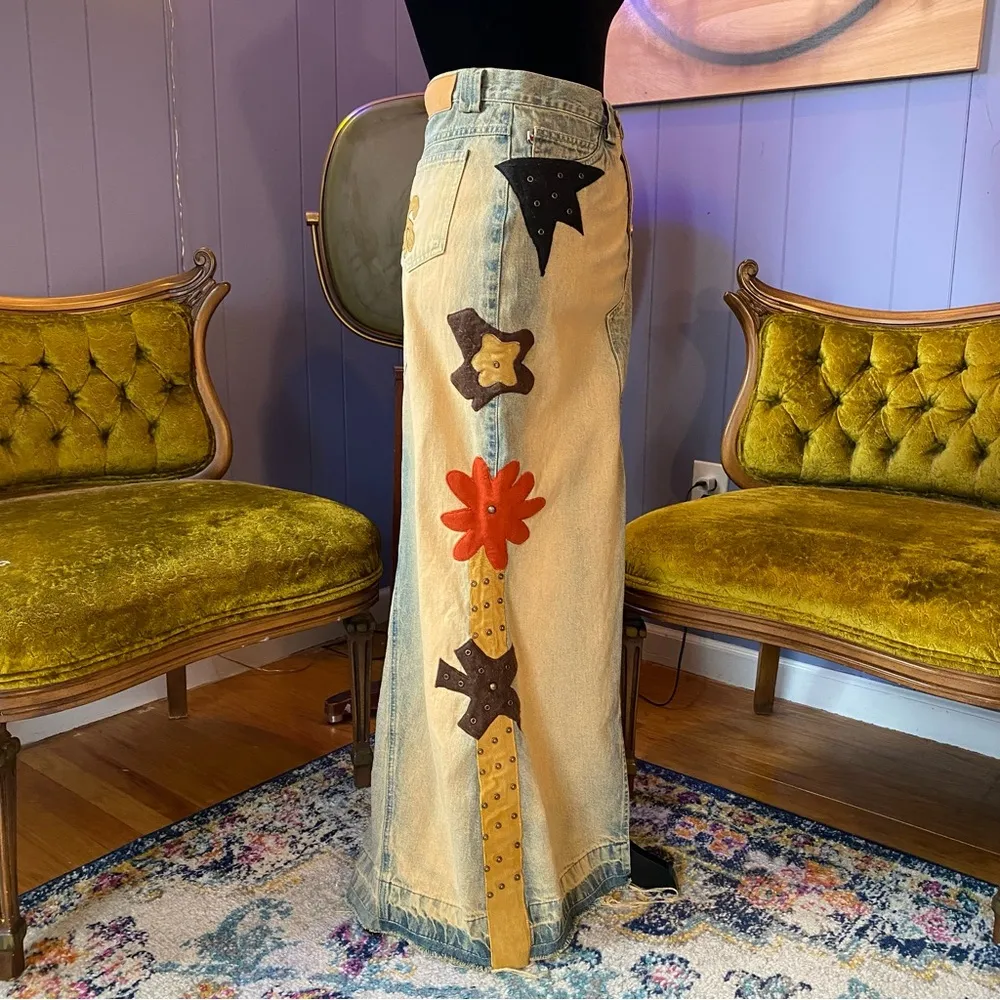 Vintage 90s/Y2K RARE Road Cat Suede And Felt Patchwork Maxi Denim Skirt Size M Size M - Image 3