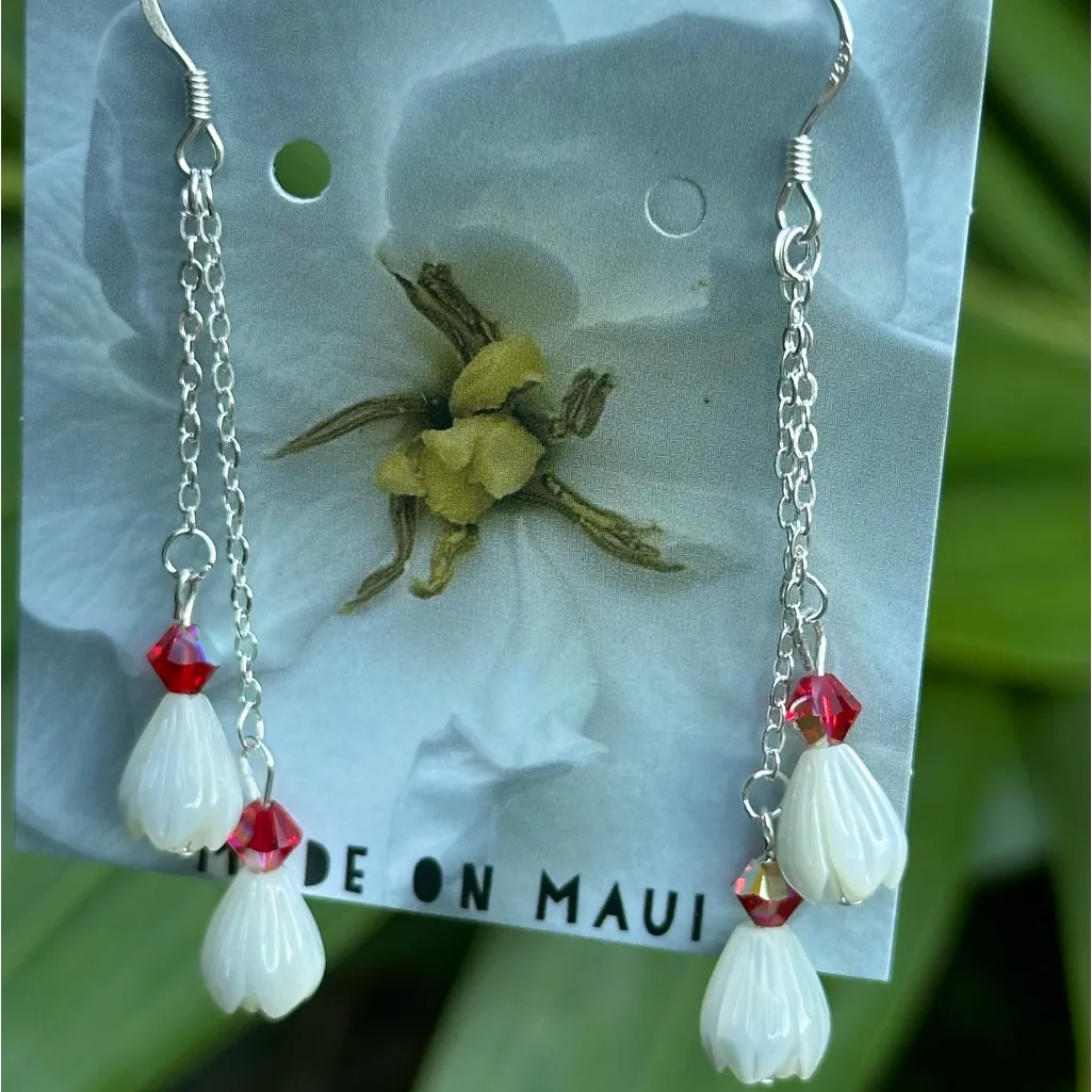 815. Sterling Silver Mother of Pearl Pīkake Swarovski Crystal Chain Earrings - Image 2