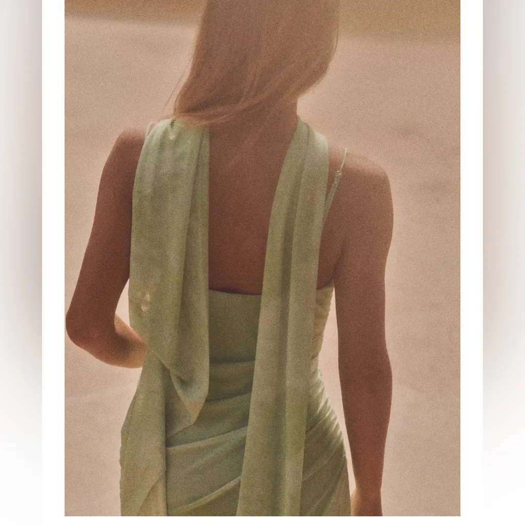 Zara NWT green tie dye tulle mesh ruched, attached scarf midi  occasion dress - Image 5