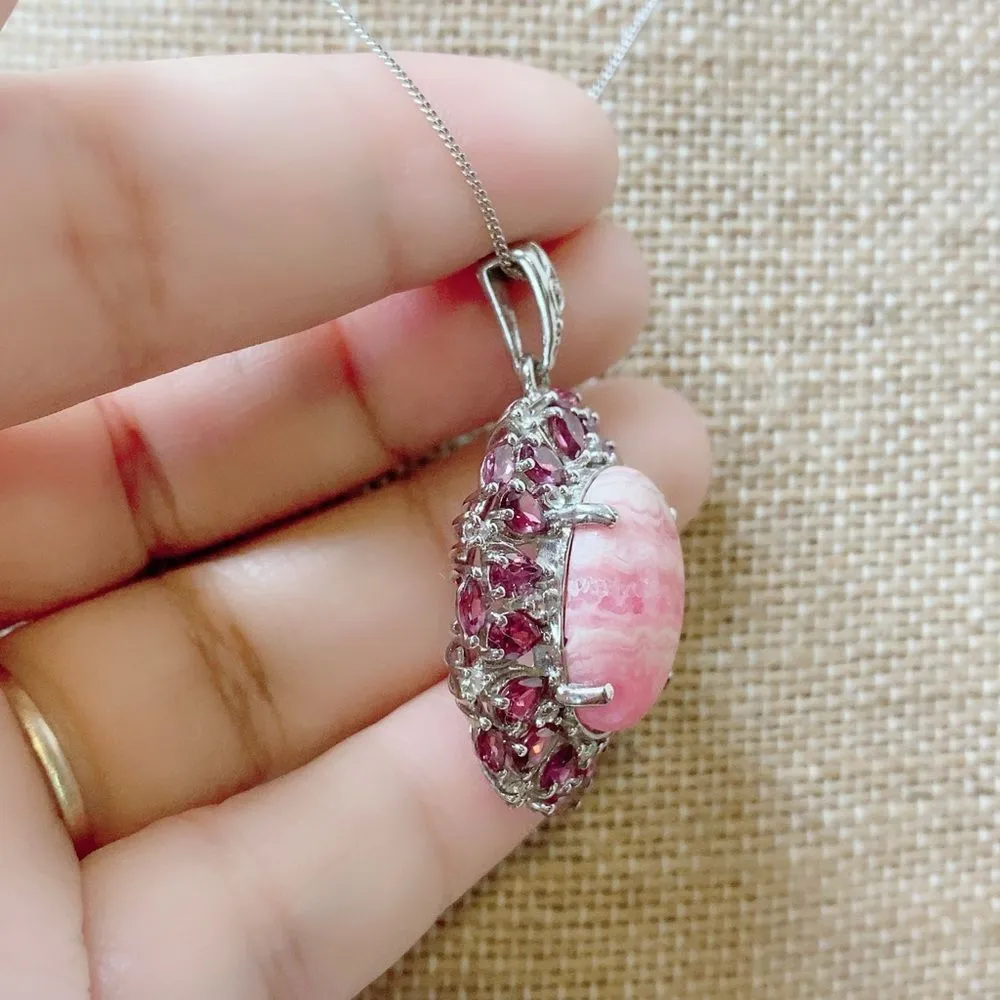 Sterling Silver 925 Oval Rhodochrosite + Rhodolite Pendant Necklace 20" Chain - Image 3