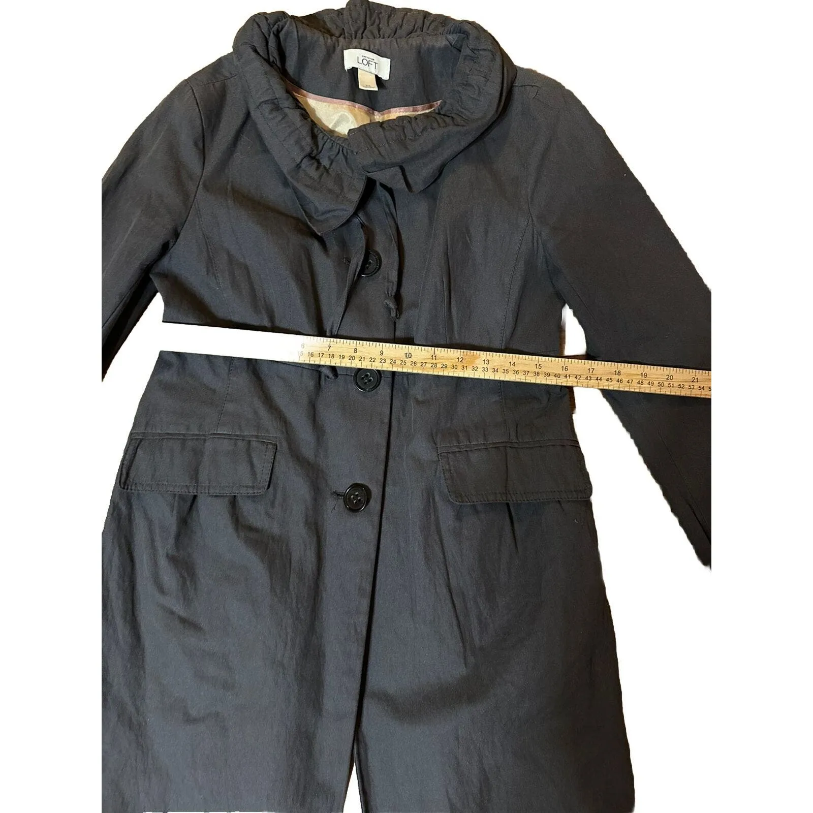 LOFT Drawstring Ruffle Collar Button Front Trenchcoat Duster Jacket‎ sz XS - Image 5