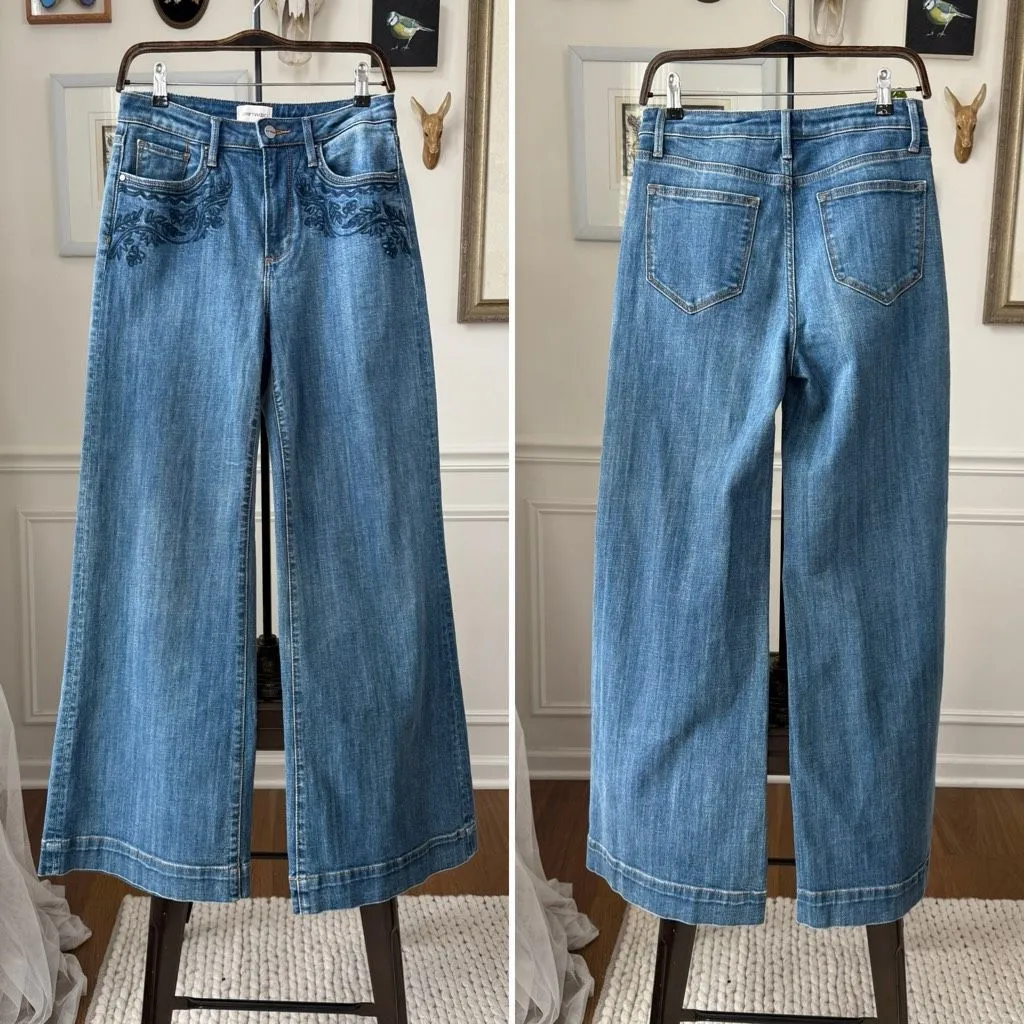 Driftwood Sundance Catalog Martha Blue Embroidered Wide Leg Jeans $178 27 X 31 - Image 2