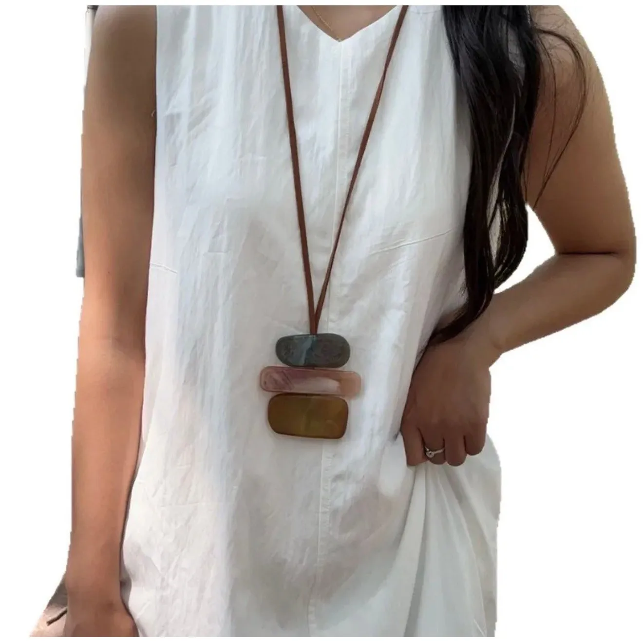 Boho Resin Geometric Pendant Necklace – Triple Color Stack, Adjustable RopeNWT - Image 5