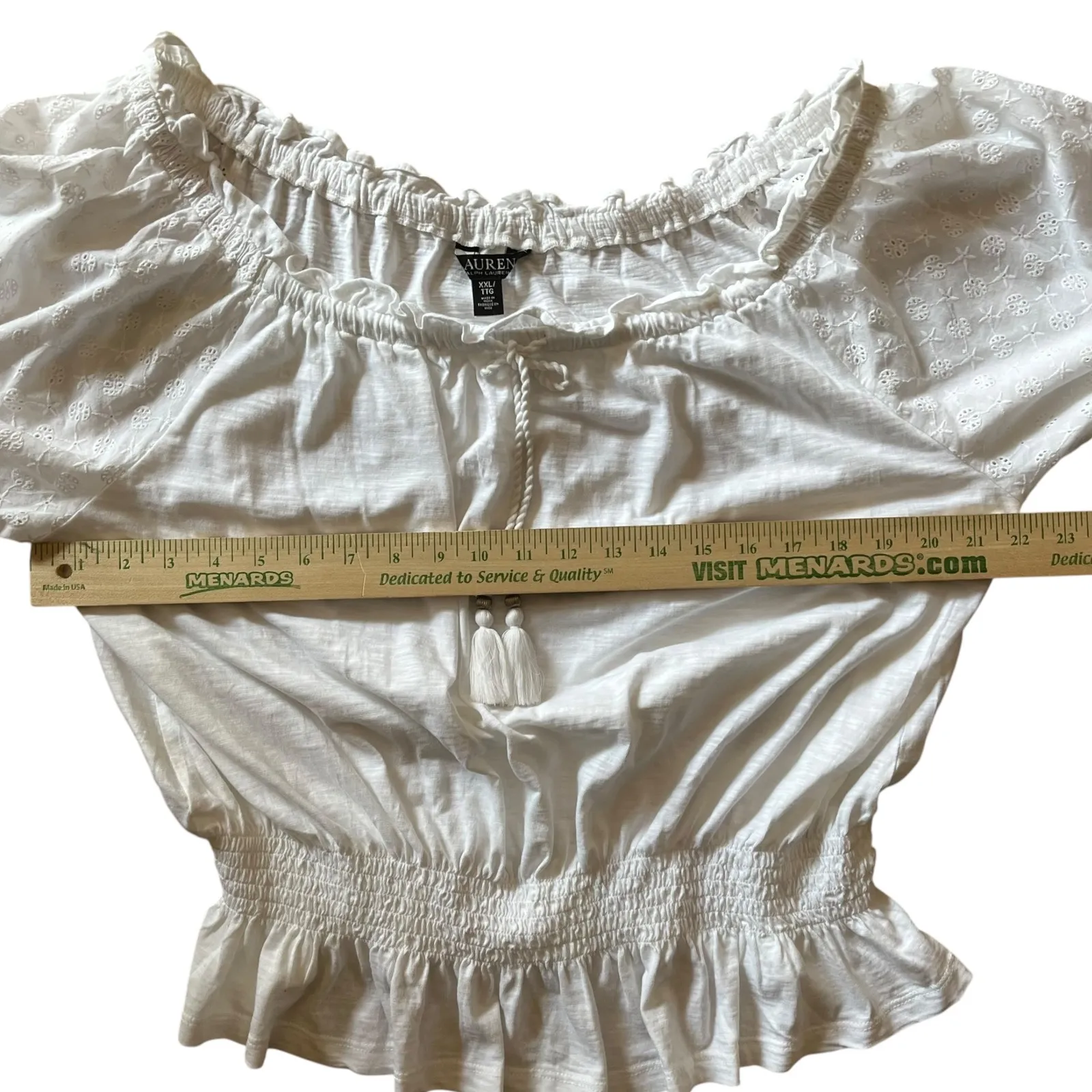 Lauren Ralph Lauren White Eyelet Blouse Top XXL‎ Tunic Peasant Off Shoulder - Image 10