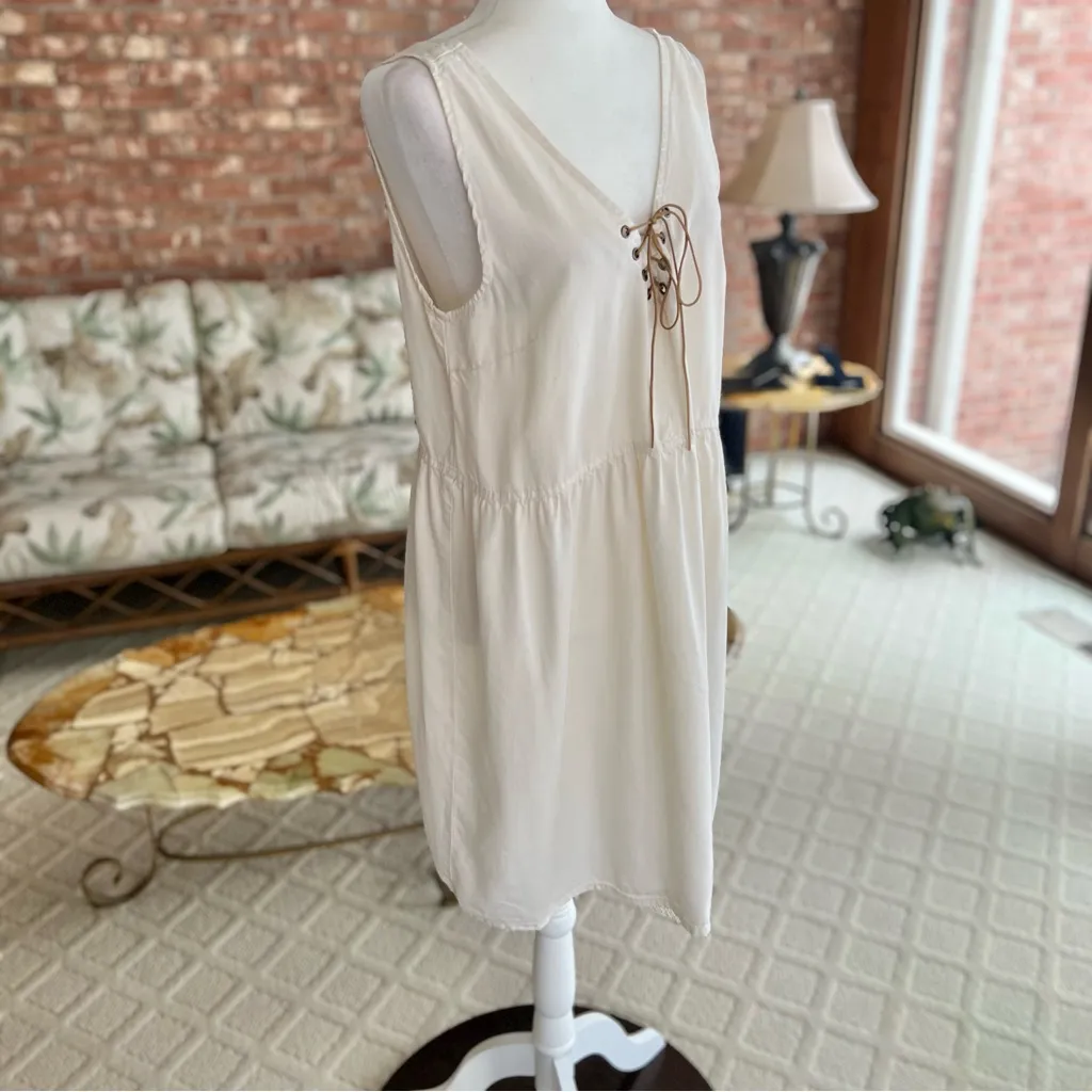 Celebrity Pink Dress Mini Ivory Lace Up Sundress Sleeveless V-Neck M - Image 7