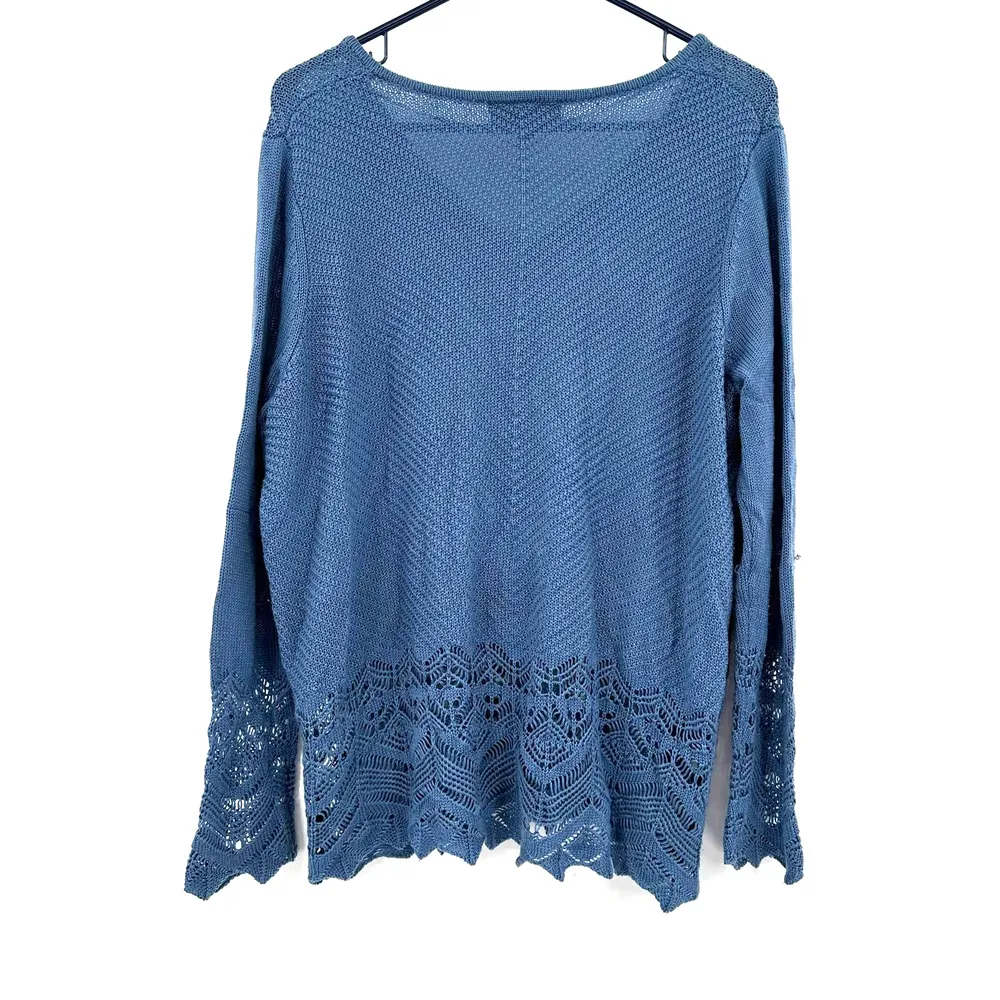 Lane Bryant size 14/16 blue lightweight sweater crochet hem accent slight v neck - Image 2