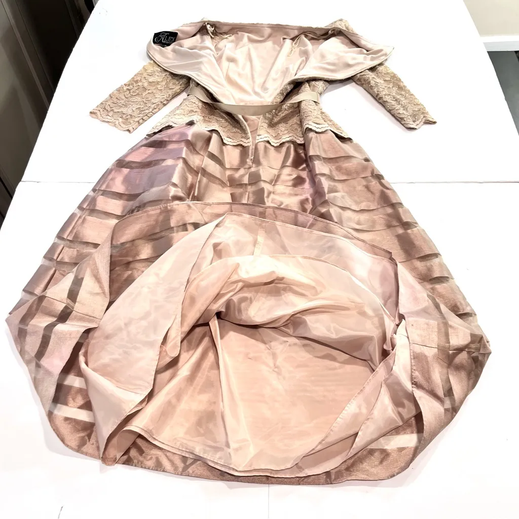 Alex Evenings Champagne‎ Glitter Lace Striped Organza Midi Party Dress Size 6 - Image 9