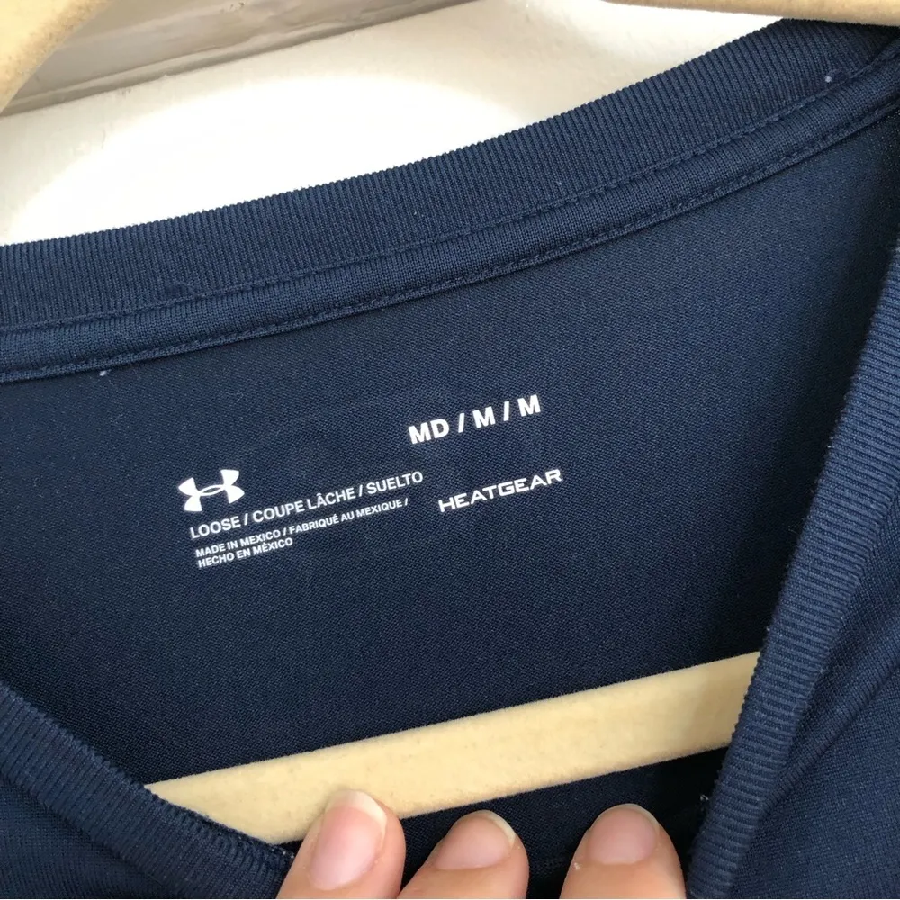 Under Armour navy blue athletic t-shirt neon orange pink logo women’s medium - Image 2