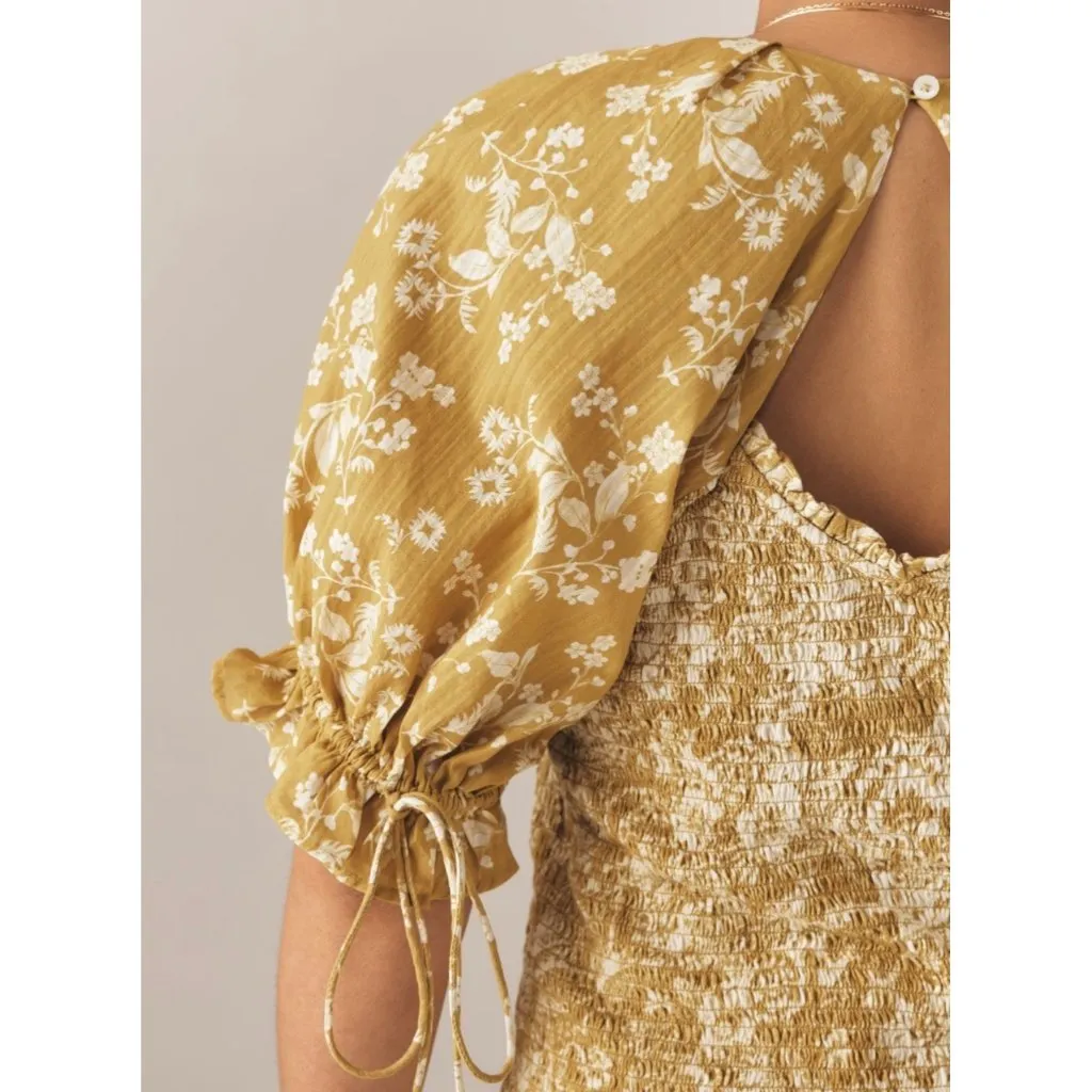 Anthropologie Seersucker Smocked Puff-Sleeve Crop Top Size L Chartreuse Floral - Image 5