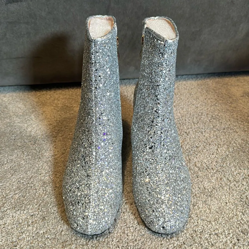 Women’s Silver Glitter Covered Sparkly Chunky Heeled Boots Size 7.5 NEW Silver - Image 3