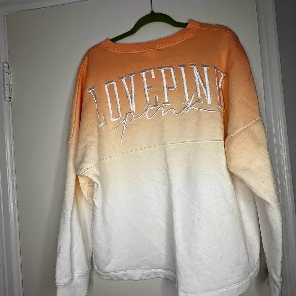 Victorias Secret Pink Varsity Crew Pullover. Ombré Orange/White. Love Pink. LG. - Image 3