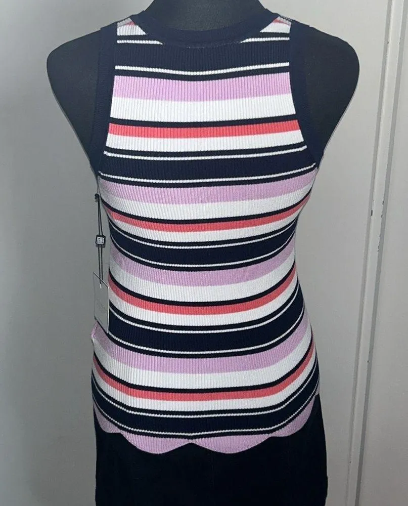New Women’s Laundry By Shelli Segal Striped Ribbed Knit Scalloped Tank Top - Image 7