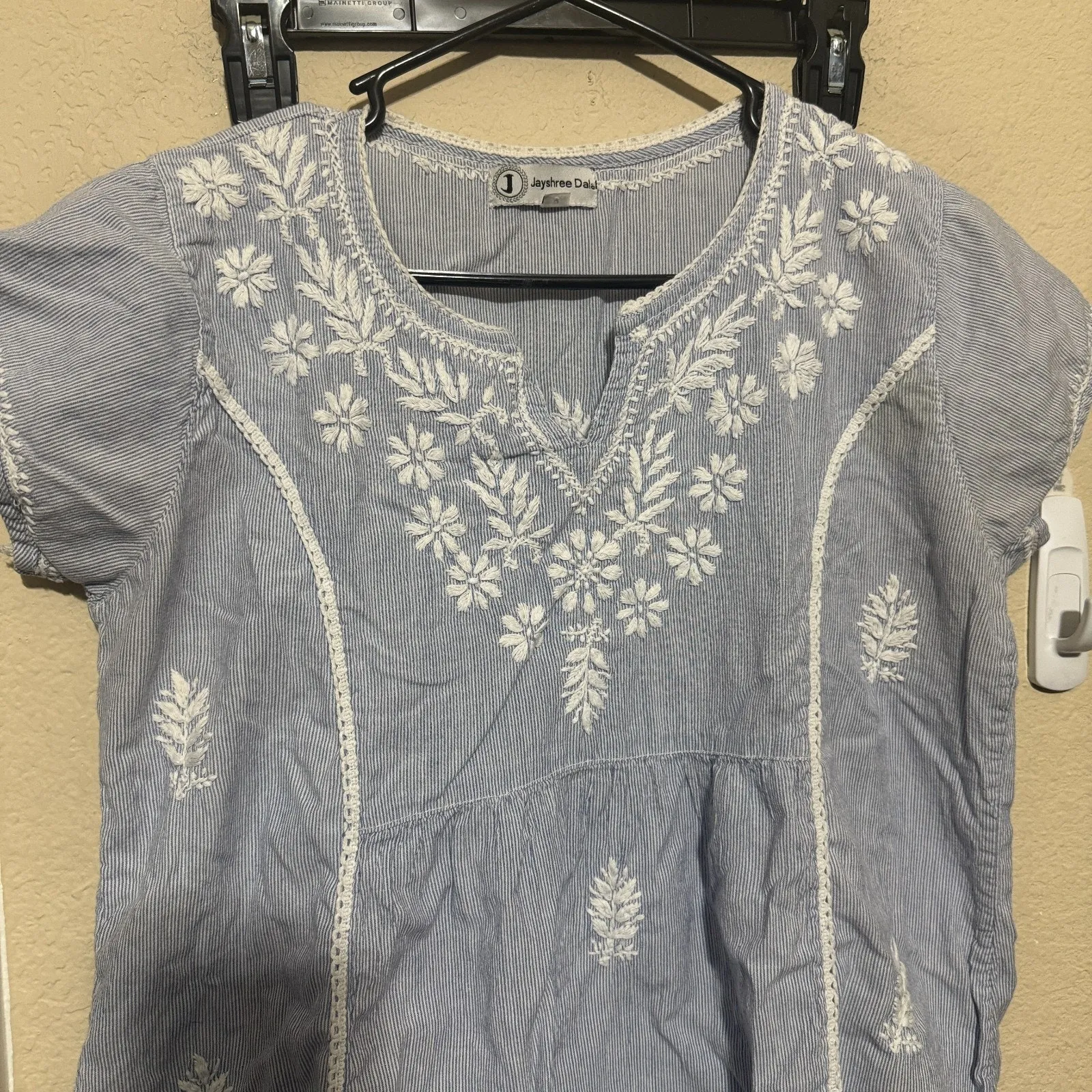 Jayshree Dalal Blue White stripe Peasant Boho Dress Size M Embroidered Cottage M Size M - Image 5