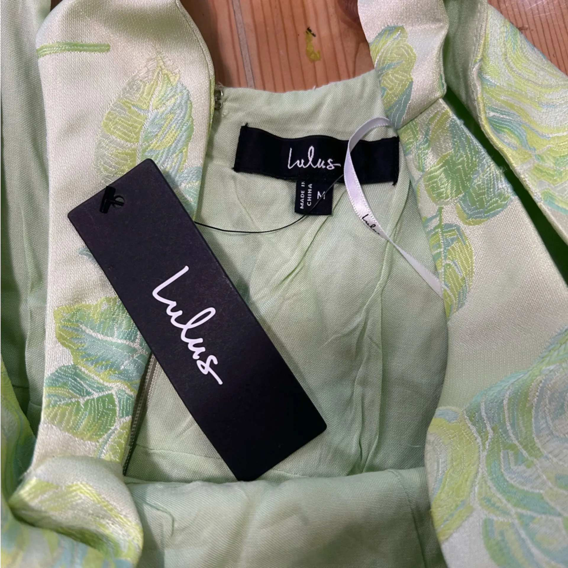 Lulus Brighter Side Light Green Floral Satin Jacquard Mini Dress Size M - Image 6