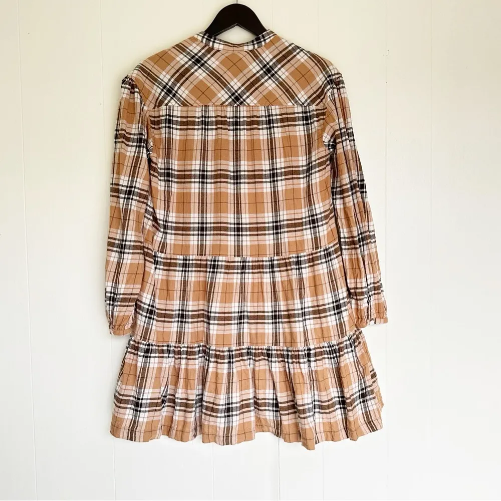 Women's Soft Cotton Brown Plaid Tiered‎ Mini Dress Small - Image 8