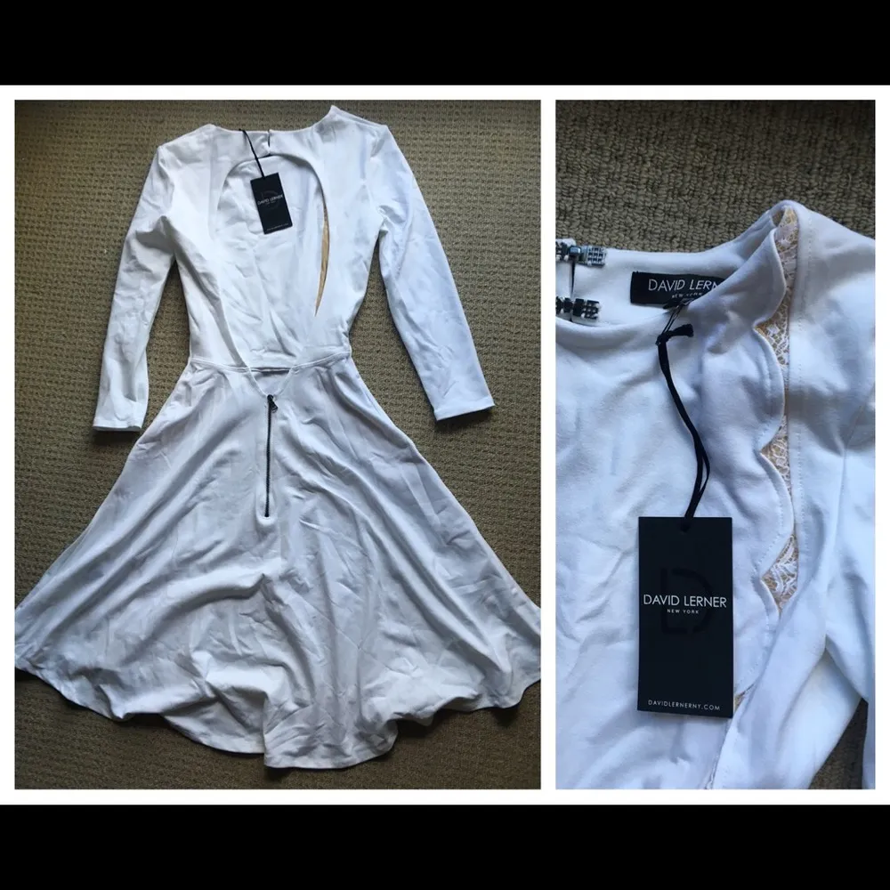 David Lerner Lace Panel Fit & Flare Dress White XS Skater Elbow Sleeves - Image 5