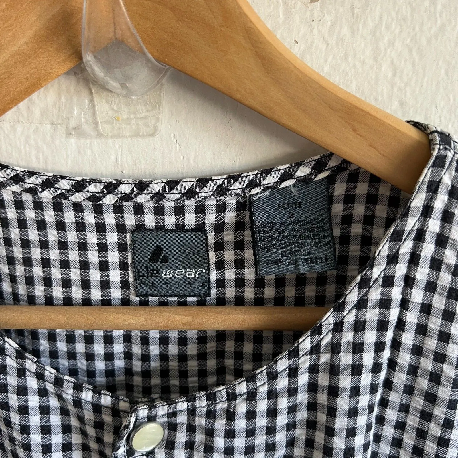 LIZ WEAR Vintage 90s Black White Gingham Short Sleeve Jumpsuit Womens 2 Petite - Image 3