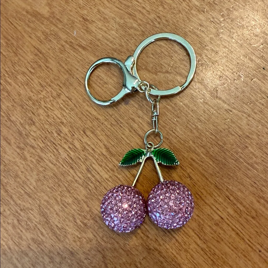 Rhinestone, pink cherry bag charm - Image 3