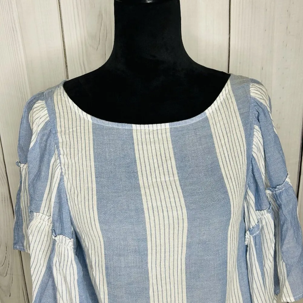 AMERICAN EAGLE Womens Sz S Blue White Striped Chambray Top Bell Sleeves Cropped - Image 2