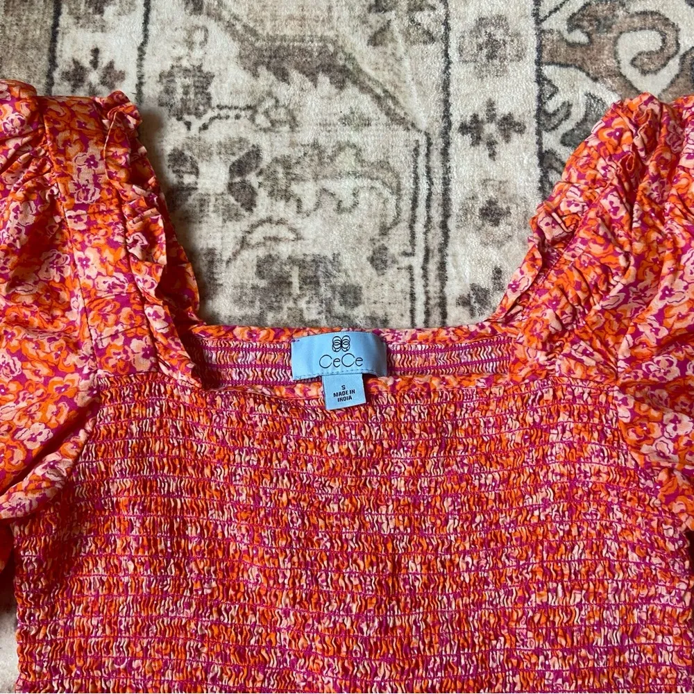 Cece Vibrant Orange Pink Floral Blouse Smocked Peplum Puff Sleeve Small - Image 5