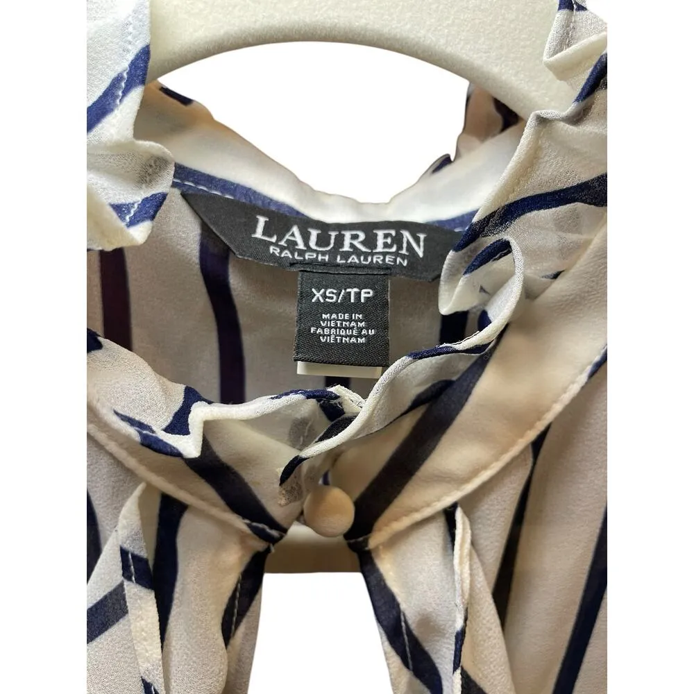Ralph Lauren Black Lable Women XS Blouse Striped Ruffle-Trim Chiffon Black White - Image 4