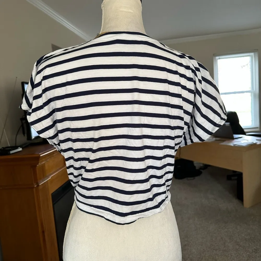 ZARA Black And White Striped Tie hem Crop Shirt Size Large - Image 2
