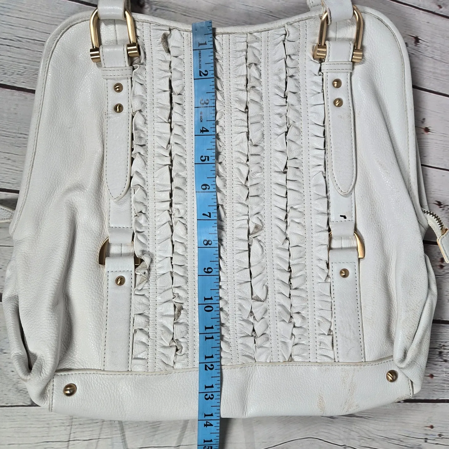 Tahari White Leather Ruffle Accent‎ Tote Bag Shoulder Bag Gold Hardware Dome - Image 13