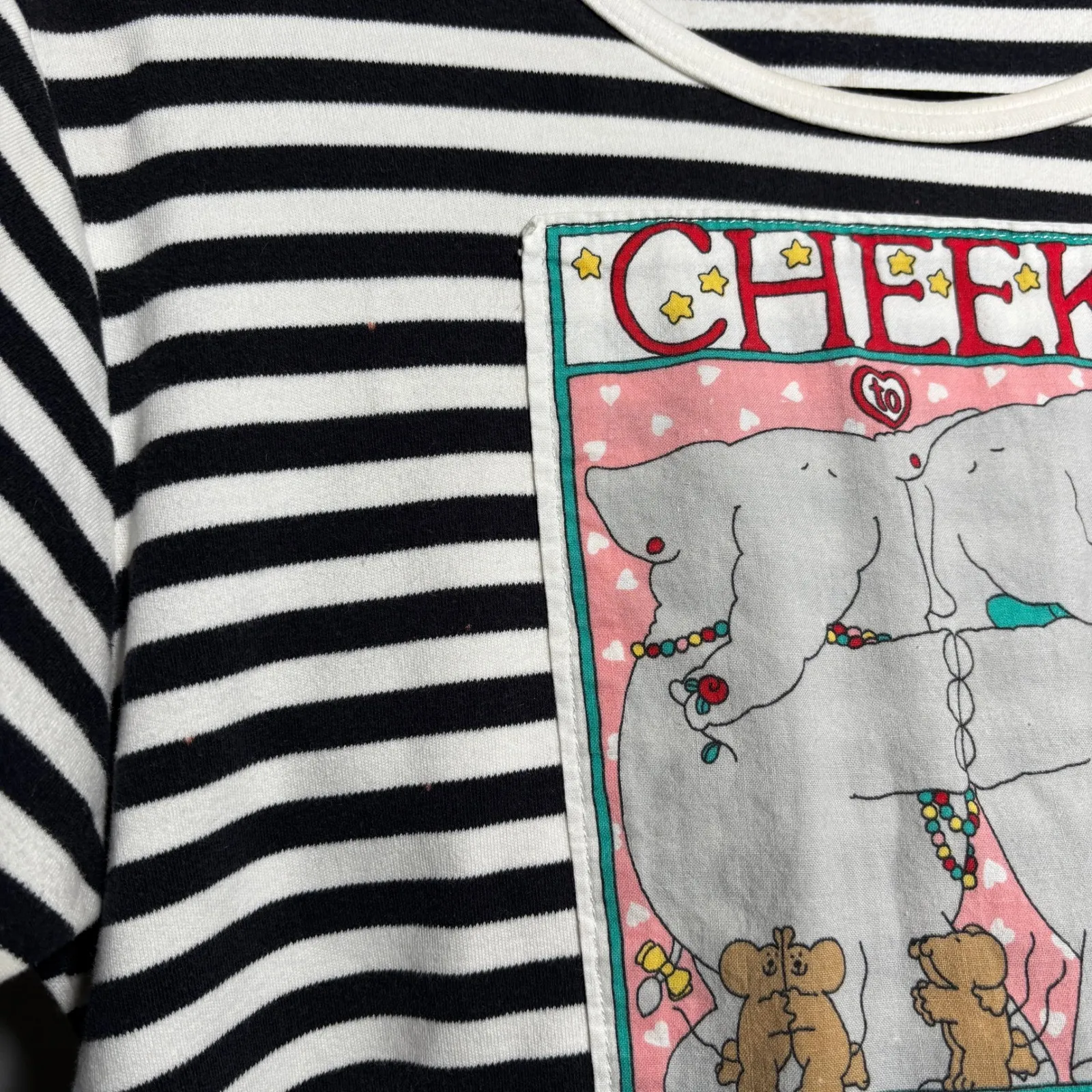 VTG Striped Crop Top Cheek to Cheek Elephant Cartoon‎ Ruffle Hem Kid Core Quirky Black Size XL - Image 5