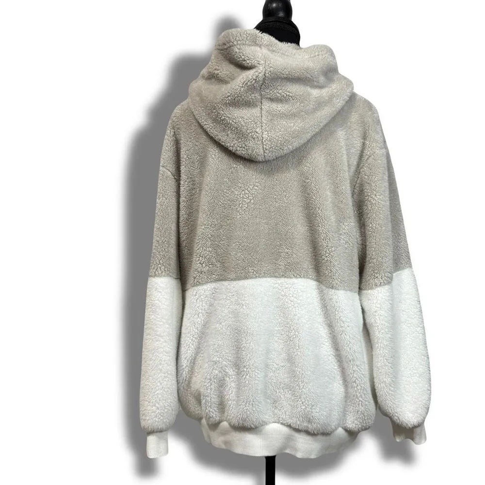 Color Block Fuzzy Quarter Zip Hoodie Sweatshirt Size Large Gray - Image 12