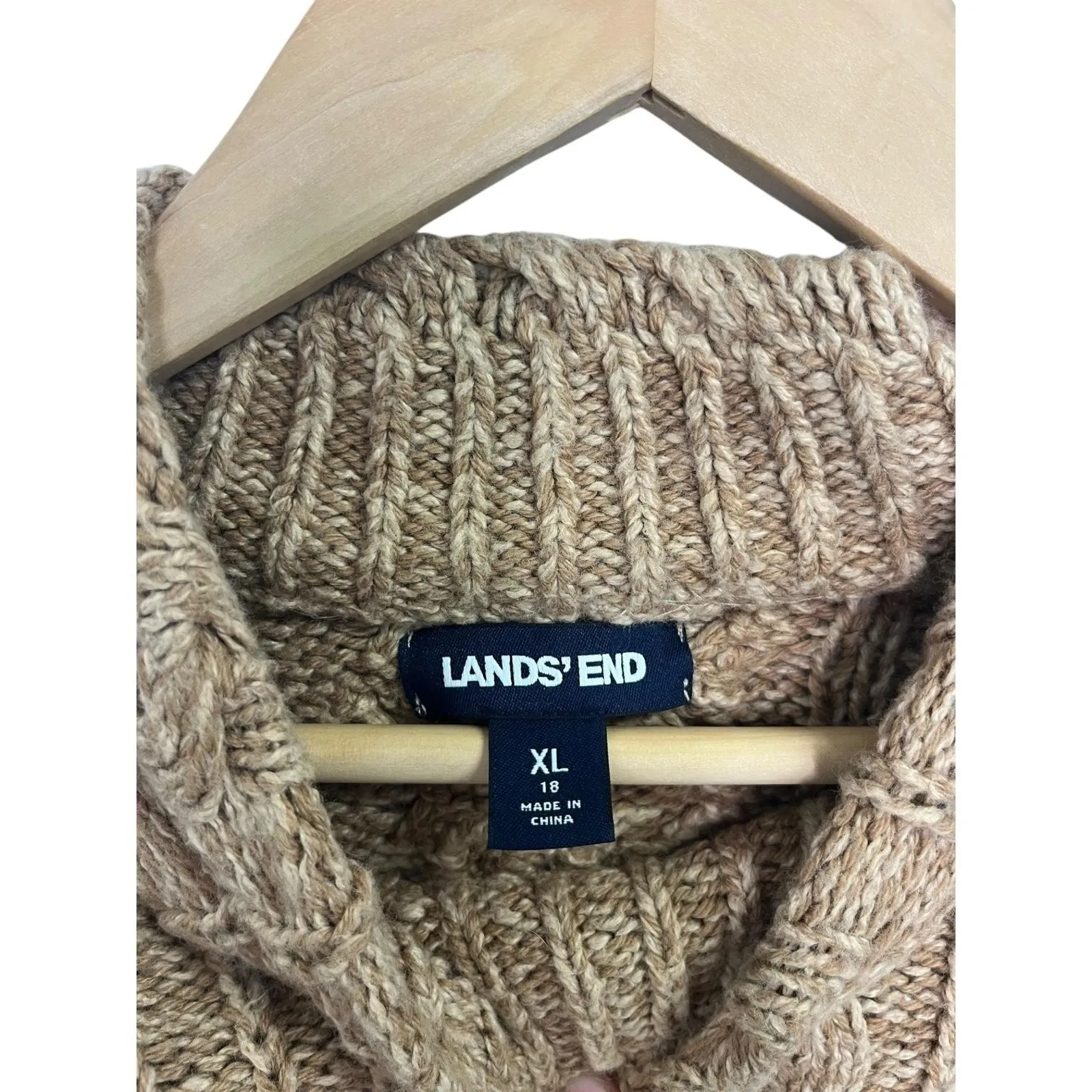 Lands End Sweater Womens XL 18 Tan Cable Knit Mock Neck Wool Blend Fisherman Brown - Image 3