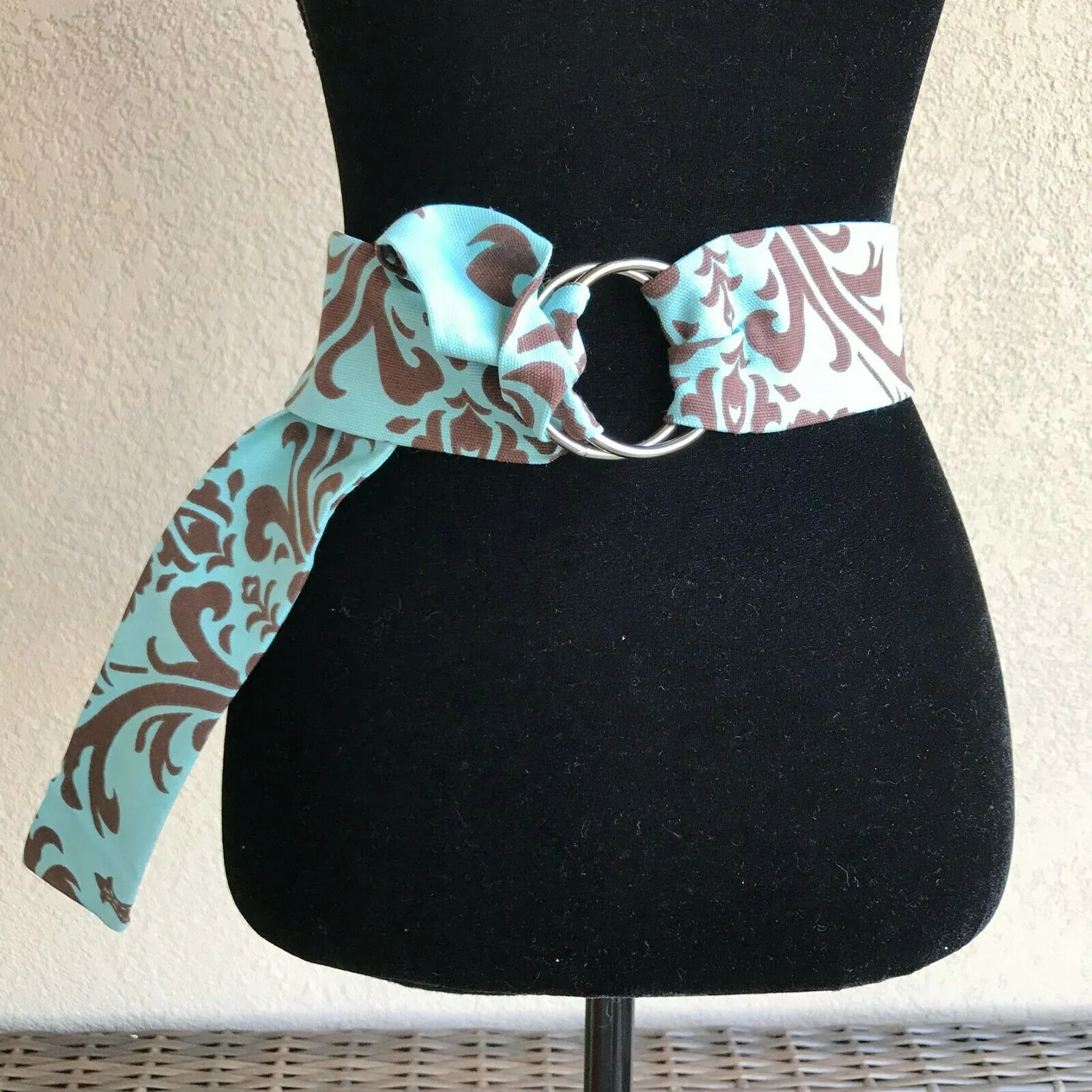 Womens Belt Brown Blue Damask Wide Fabric Round Rings‎ NEW - Image 2