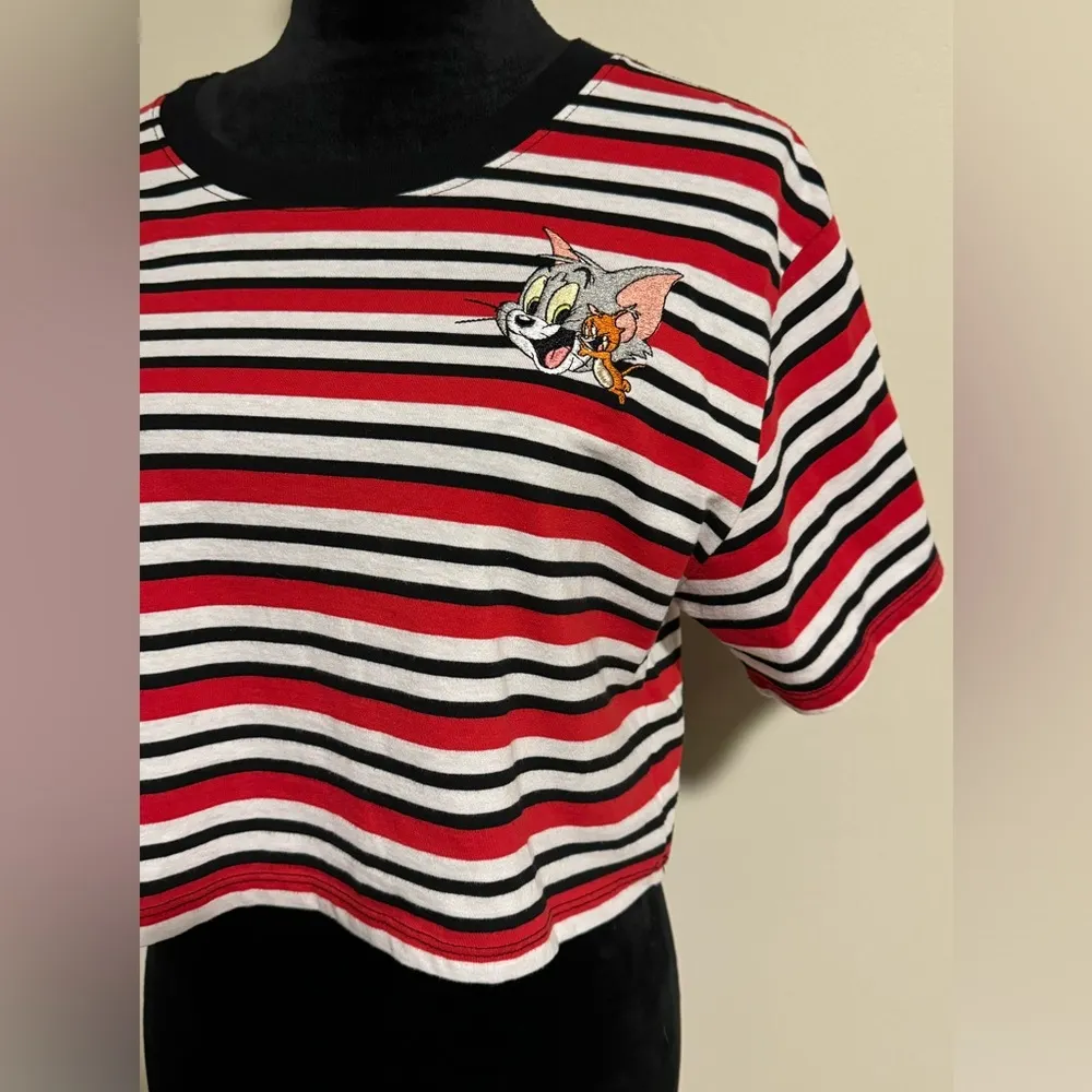 EUC Tom & Jerry Red, White and Black Striped Patch Crop Top size large Red - Image 3