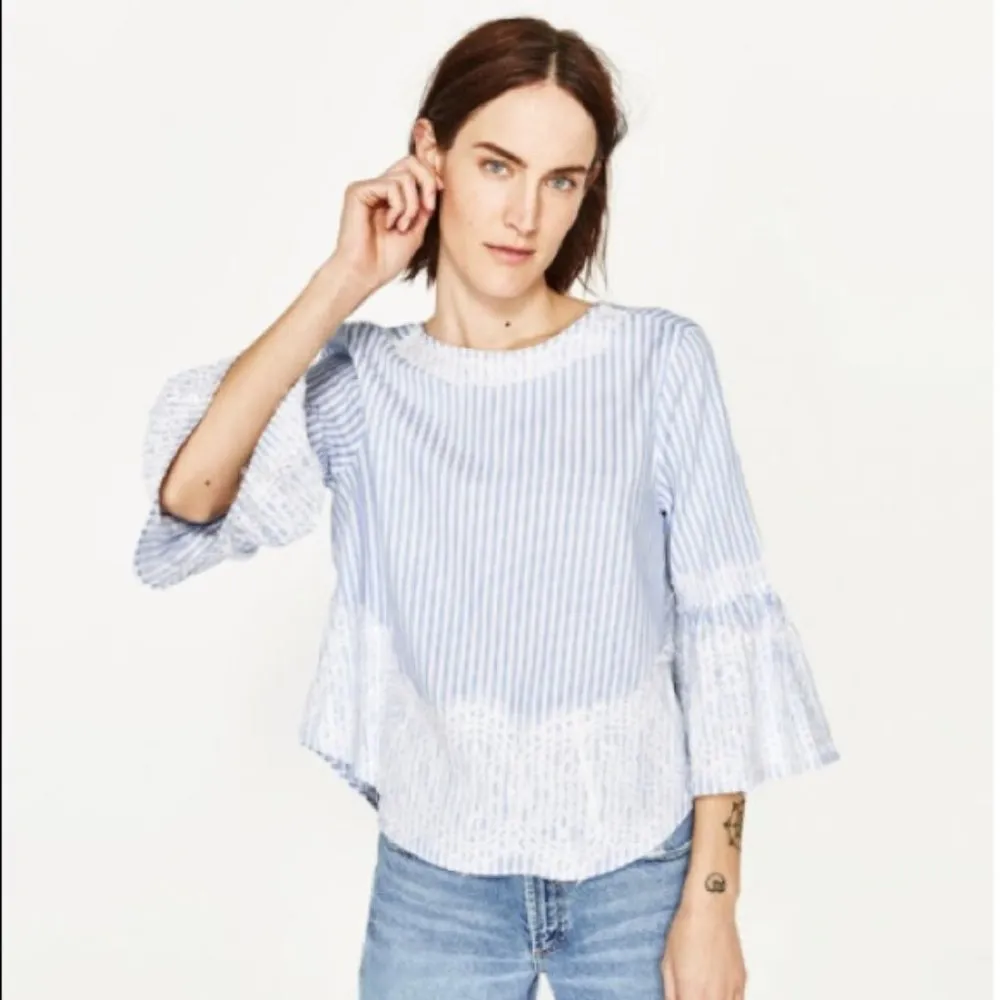 ZARA | Blue White Stripe Lace Detail Blouse - Image 2