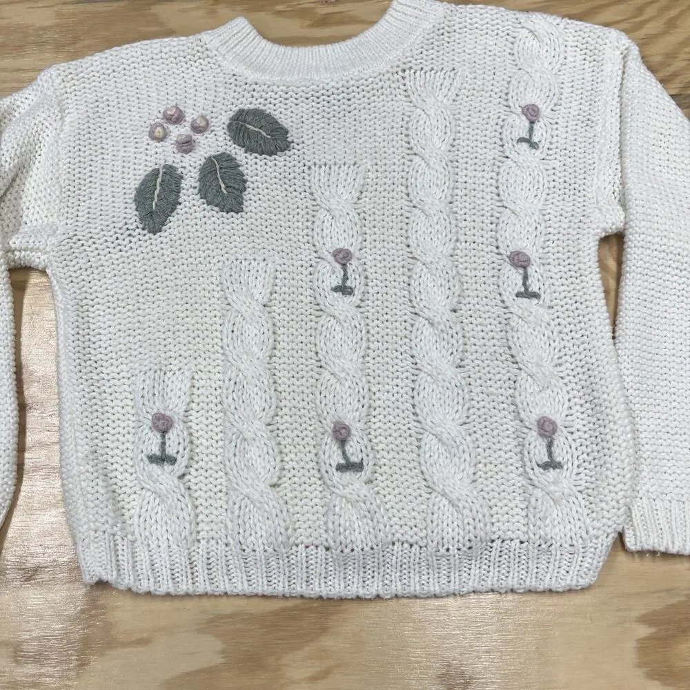 Vintage Shenanigans Hand Knit Cable Knit Crop Sweater Ivory Large Embroidered - Image 4