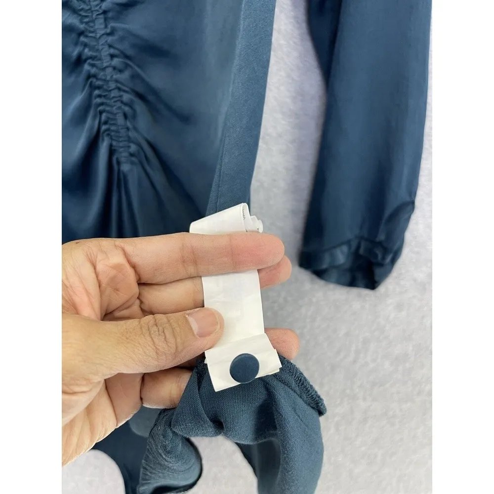 ZARA Women's Dress Solid Teal Long Sleeve V Neck Size Medium Ruched Front - Image 7