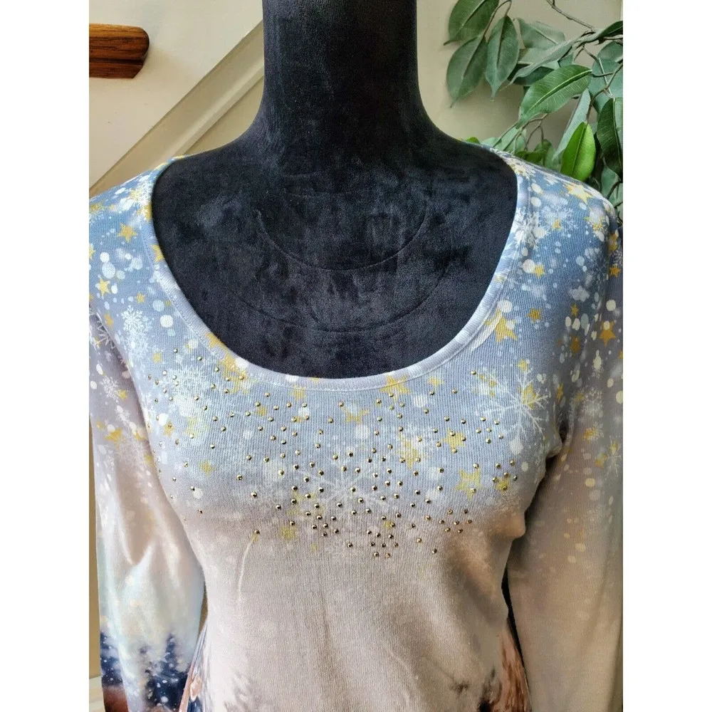 One World Reindeer Multicolor Polyester Round Neck Long Sleeve Top Blouse PM - Image 2