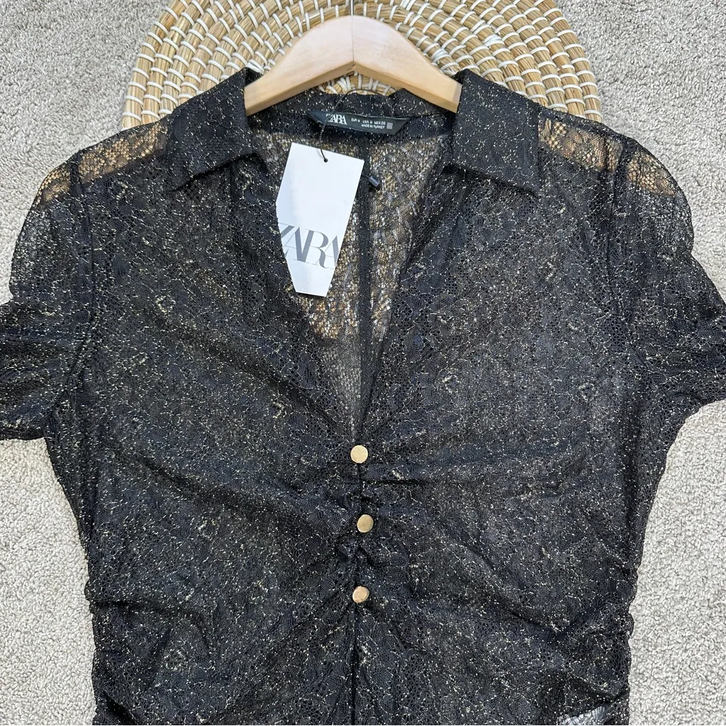 NWT Zara Women’s Ruched Front Lace Blouse Top V-Neck Sheer Shimmer Black Gold M - Image 6