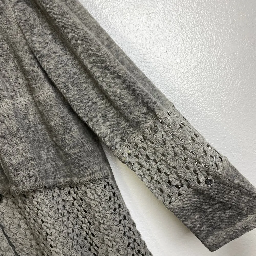 Ali Miles Top Gray Button Up Layered Crochet Shirt Sheer Knit Womens Large - Image 6