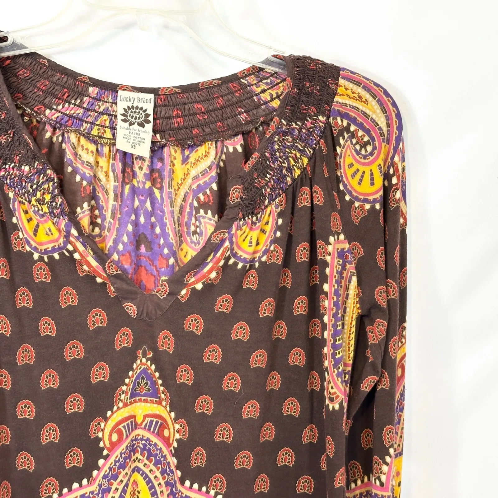 Lucky Brand XS‎ Top VTG Y2K Hippie Paisley Smocked Brown Lotus Grunge Boho 1309 - Image 4