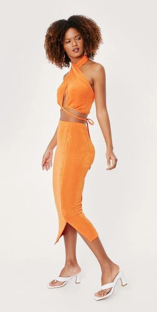Nasty Gal Women’s Small 6 Orange Terry High Waist Midi Skirt | Split Hem Bodycon - Image 2