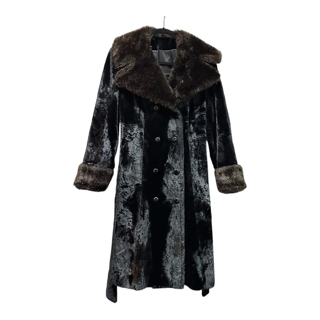 Vintage Betty Rose Black Faux Fur Plush Velvet Coat Belted Double Breasted - Image 3