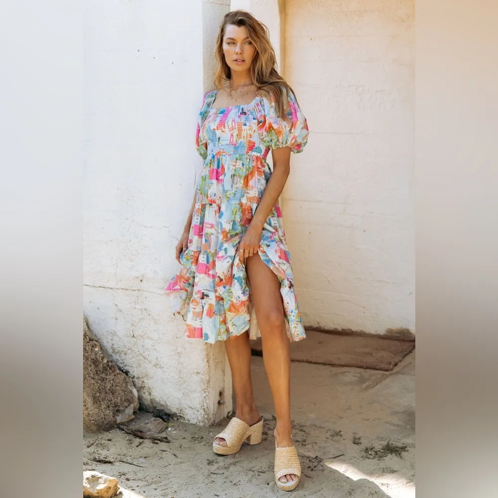 PINCH Jetset Motif Smocked Puff Sleeve‎ Midi Dress Size Large Blue - Image 13