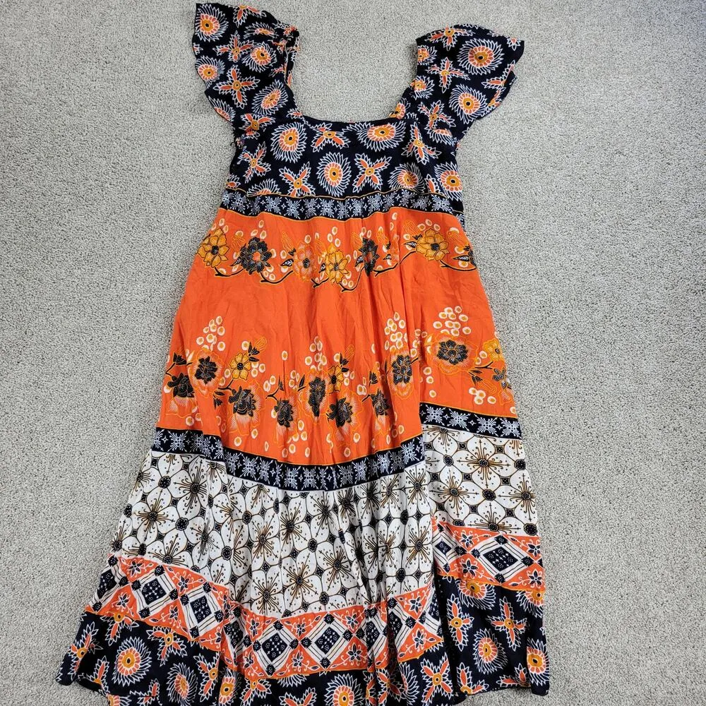 Sari Busana Womens Dress OS Orange Blue Batik Boho Floral Short Sleeves Pullover Size undefined - Image 6