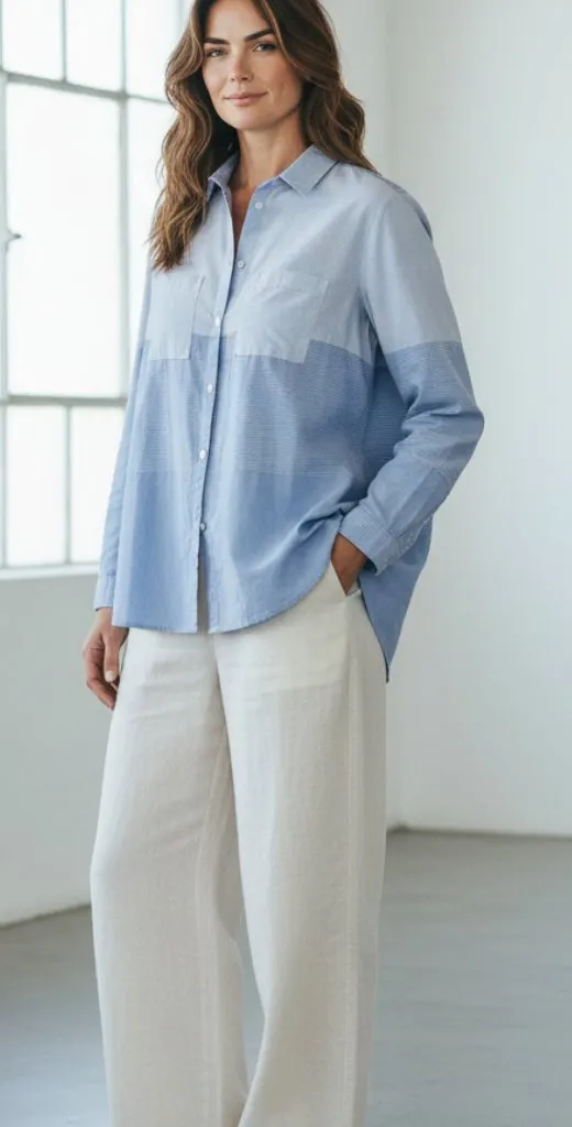 JJill L Button Down Tunic Shirt Blue Colorblock Cotton Oversized Minimalist Soft Size L - Image 1