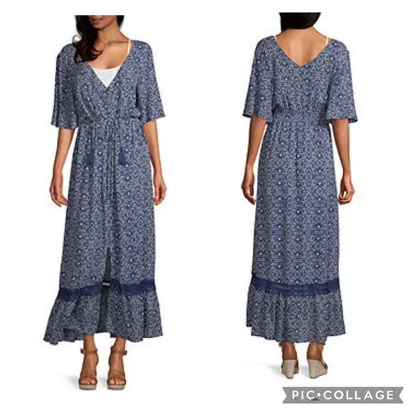 Artesia Boho Chic Button Front Short Sleeve Maxi tasel neck closing size medium Blue - Image 2