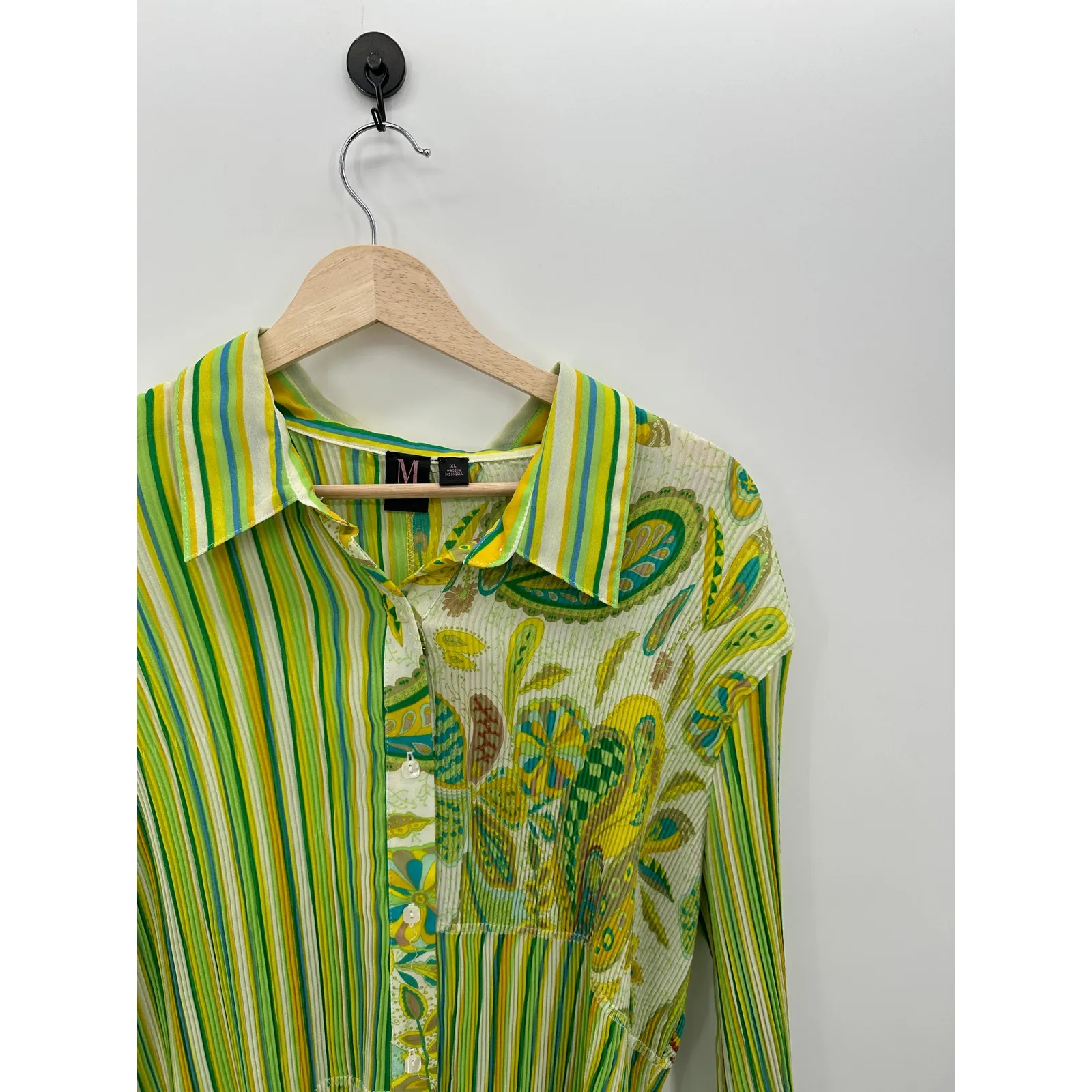 Milano Green Retro Button Down Shirt Striped Pleated 3/4 Sleeve Collar Rave XL - Image 5