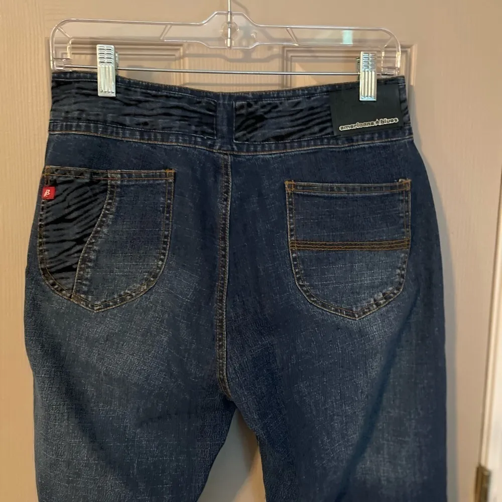 Americana Blues Y2K wide leg jeans with blue & black velvet zebra detail. Size 10 - Image 10