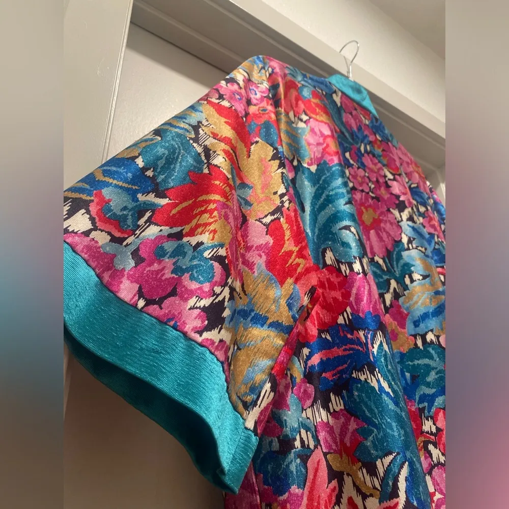 VTG 70s 80s Heather Collection Hot Pink & Teal Blue Florl Kimono Robe Bathrobe - Image 13