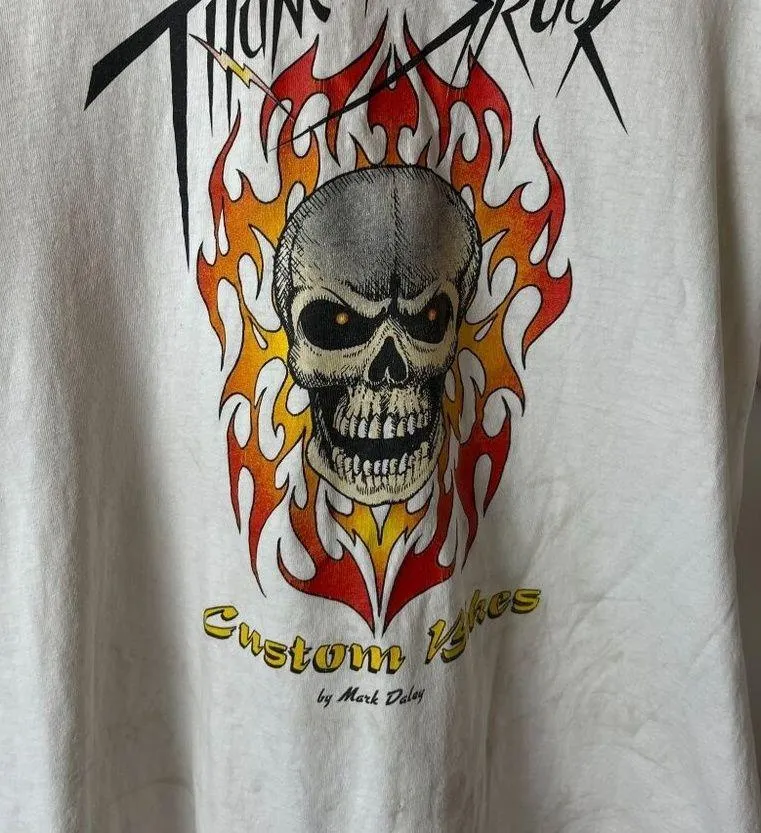 Distressed Vintage Y2K Thunder Struck Custom Bikes T Shirt White Small Skull - Image 8